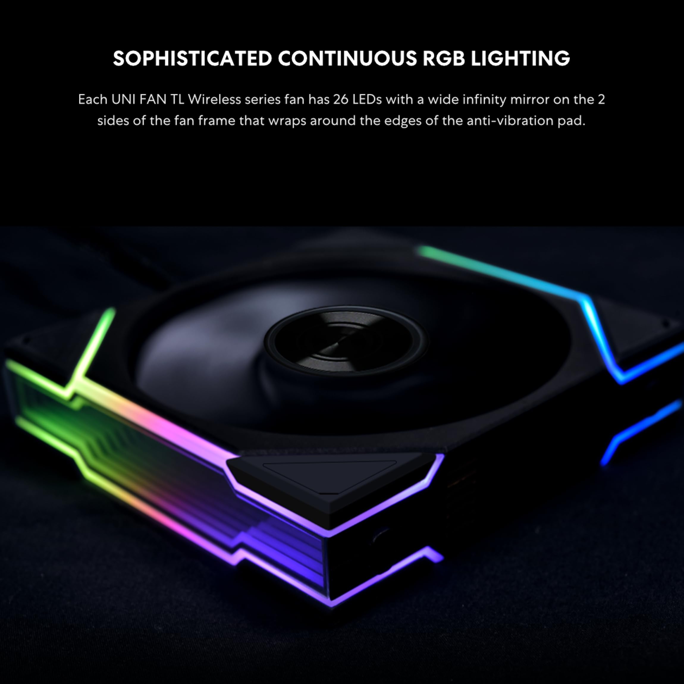 Lian Li UNI Fan TL Wireless 120-Triple Pack (Reverse Blade)-2.4 GHz Wireless Signal ARGB Fan-Infinity Mirror-Daisy-Chain Design-Customizable Lighting-Controller Included & Required - Black(12RTL1W3B) - Image 5